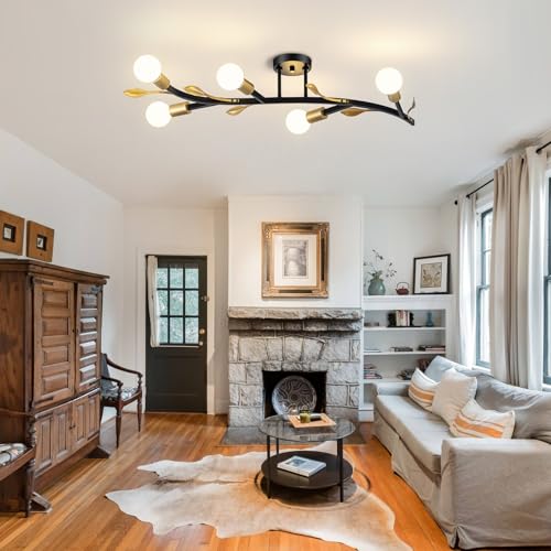 Image of Modern Sputnik Ceiling Light Fixture,5-Lights Black and Gold Sputnik Chandeliers, Industrial Metal Semi Flush Mount Ceiling Light Fixture for Bedroom Hallway Entryway Kitchen