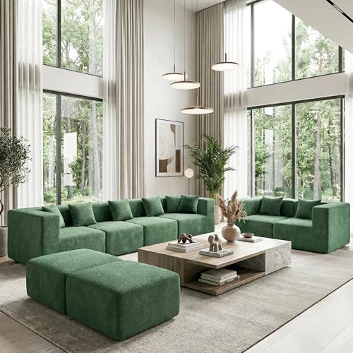 Image of MONVANE Modular Sectional Sofa, Oversized 8 Seat Convertible U Shaped Couch with Ottoman, Comfy Teddy Velvet Cloud Couch with Deep Seat, Sectional Couches for Living Room, No Assembly Required, Green