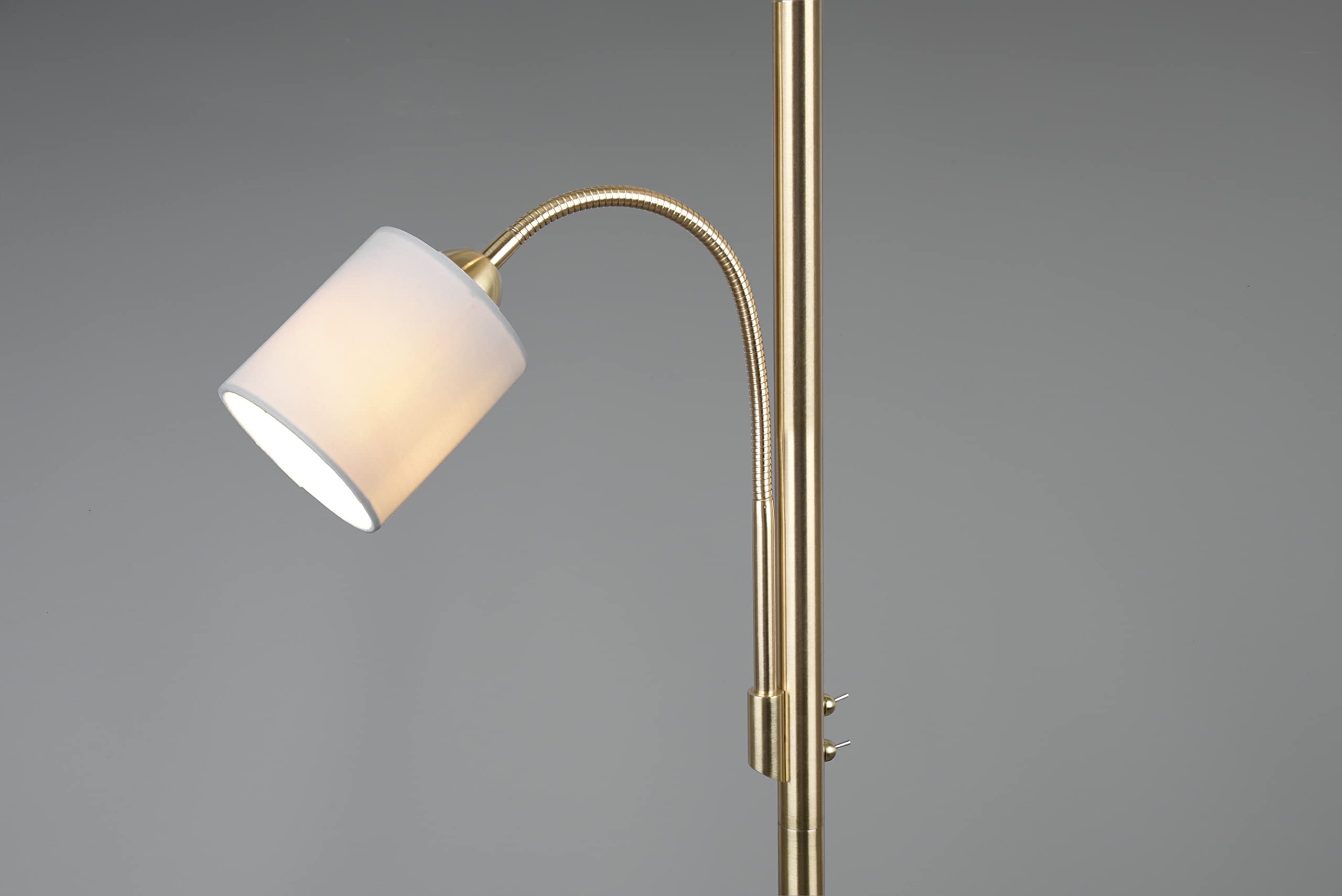 Trio Leuchten Lampa stojąca Hotel 403900208, metal mosiądz matowy, abażur z tkaniny kremowo-biały, bez żarówki 1 x E27 i 1 x E14, z przełącznikiem nożnym, przełączany oddzielnie