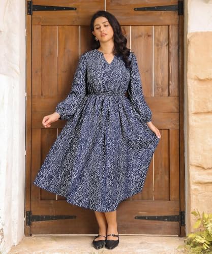 Image of TIYOMI Womens Plus Size Dresses Fall Long Sleeve Maxi Dresses V Neck Floral Spring Party Dress with Pockets XL-5XL (14W-28W)