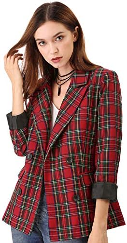 Allegra K Women's Notched Lapel Double Breasted Plaid Work Formal Blazer Jacket Large Red Green