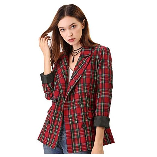 Allegra K Women's Notched Lapel Double Breasted Plaid Work Formal Blazer Jacket X-Large Red Green