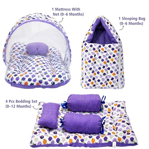 Image of Fareto Combo of Baby Bed with Net | Carry Bag | 4 Pcs Bedding Set (0-6 Months, Baby Size, Cotton) (Purpal)