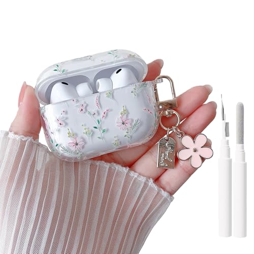 Image of MINSCOSE Compatible with AirPods Pro 3rd Generation Case (2025) with Cleaner Kit, Cute Cartoon Flower Pattern Design with Aesthetic Floral Keychain for Girls Women for AirPods Pro 3-Pink