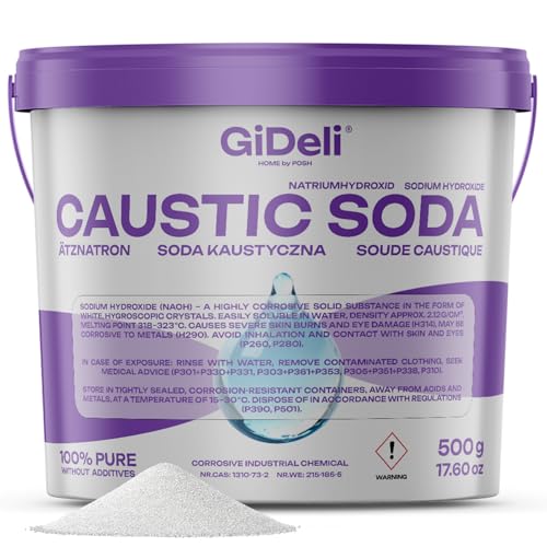 GiDeli Copos de hidróxido de sodio, 500 g, producto químico de limpieza, blanco, desengrasante, limpiador de desagüe, hogar, industria, soda caustica, 99,9%, para fabricación de jabón, hidróxido de