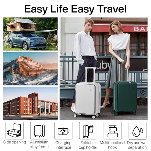 mixi Carry On Luggage with Cup Phone Holder and Charger Hard Shell Suitcases with Spinner Wheels,20 Inch Blackish Green2