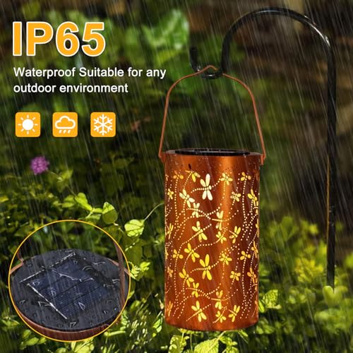 Image of BSGlobal Dragonfly Solar Lanterns Outdoor Waterproof Hanging Lights | Dragonfly Garden Decor Gifts for Women Mom Grandma, Metal Decorative Solar Lanterns for Yard Patio Porch Balcony Garden Decor