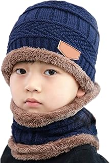 2 PCS Kids Boys Girls Winter Warm Knit Beanie Hat Cap and Scarf Set Thick Knit Skull Cap Fleece Knit Hat for 4-15 Years Old