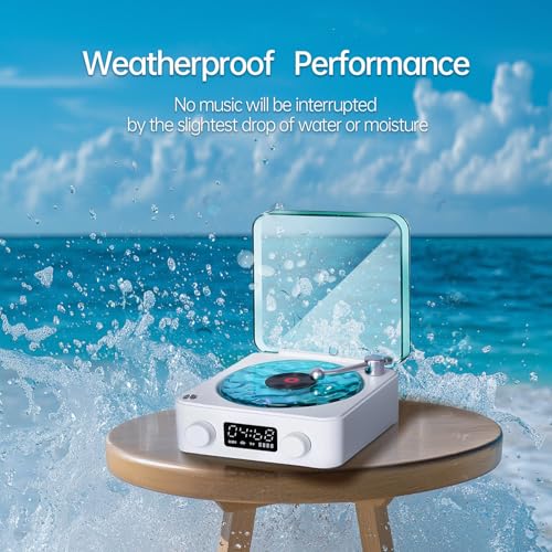 Image of Retro-style Wireless Aqua Vinyl Bluetooth Speaker with 360 Surround Sound, 3 Lighting Modes, 4 Playback Modes, Balanced Sound Quality, Blue