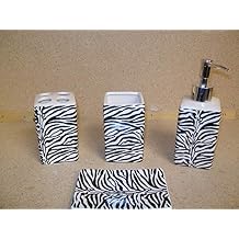 Zebra Stripe Print Bathroom Accessories Set, Lotion Dispenser, soap Dish, Cup, Toothbrush Holder