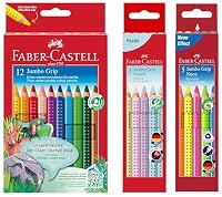 Faber-Castell 110912 Jumbo Grip Buntstifte für Kinder, Malstifte mit Grip und dreieckigem Schaft, wasserlöslichen Pigmenten, leicht auswaschbar und bruchsicher (12er Set + Neon + Pastell) – Ansicht 1