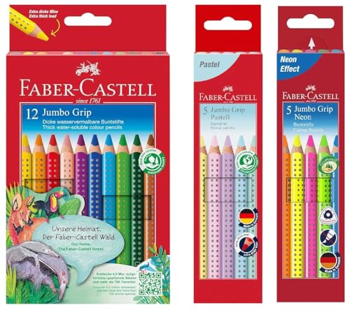 Faber-Castell 110912 Jumbo Grip Buntstifte für Kinder, Malstifte mit Grip und dreieckigem Schaft, wasserlöslichen Pigmenten, leicht auswaschbar und bruchsicher (12er Set + Neon + Pastell)