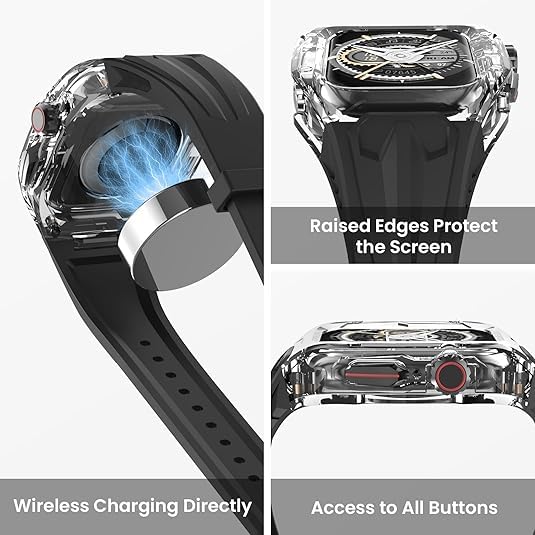Image of AUGEN Luxury Transparent Apple Watch Modification Kit Compatible with Series 9 /8 /7 (45mm) & SE2 /6 /SE /5 /4 (44mm) | Premium Fluororubber Strap Band with Transparent Protective Case for Men & Women (Upgrade Mod Kit) (Yellow)