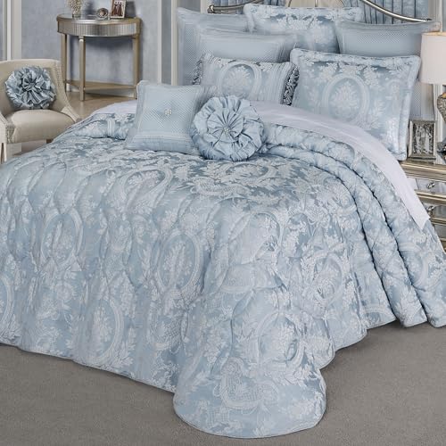 Contessa Luxury Bedding | Iced Platinum and Pastel Powder Blue | Puff Jacquard-Woven Traditional Floral Bouquet and Swag Motifs | 3 Piece Bed Set Includes California King Bedspread and 2 King Shams