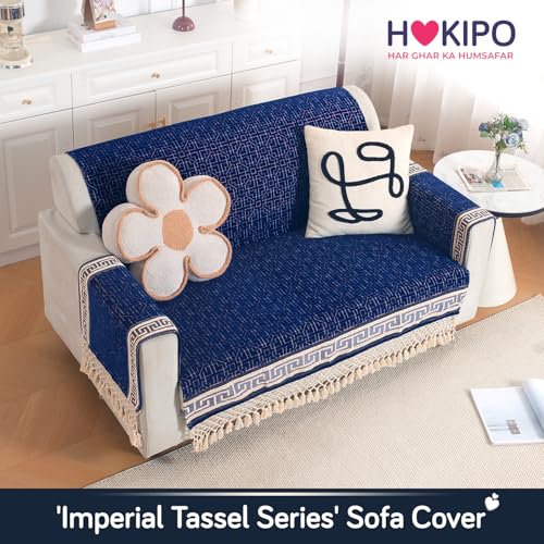 Image of HOKIPO 'Imperial Tassel Series' Premium Chenille Jacquard Sofa Cover Set for 2 Seater for Seat, Back & Arms with Tassels, Royal Blue (IN-1010 + IN-1012-I4*2)