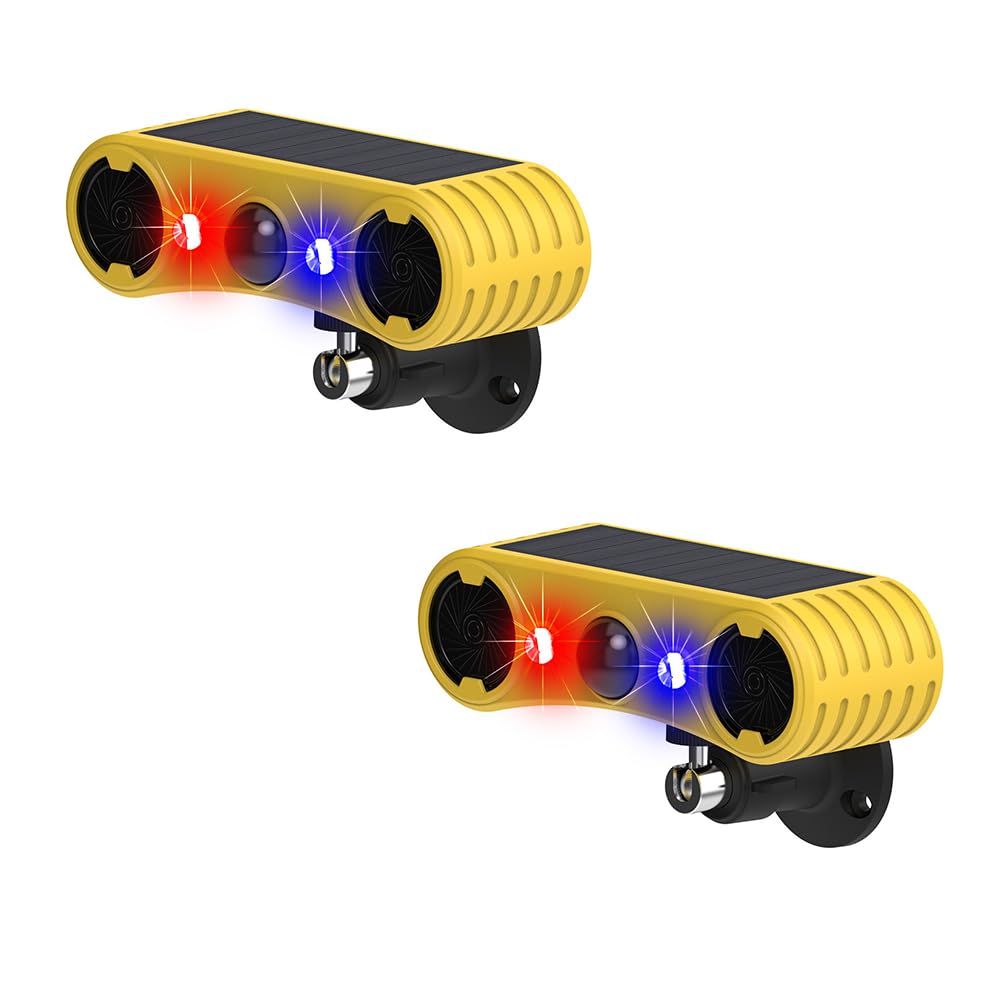 Solar Bewegungsmelder Alarm mit 13Sounds,129db Dual Lautsprecher Schussgeräuschen Hundegebell Sound LED Rot Blau Warnung Sicherheits Strobe Licht für Außen Farm Yard Orchard Scheune (2 Pack)