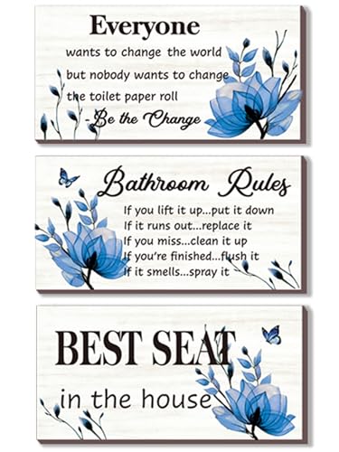 DONFENTHY 3-Piece Blue Bathroom Decor: Bathroom Rules Wall Art - Blue Flower Signs - 'Best Seat in The House' Rustic Farmhouse Wooden Sign (10x5 Inch)