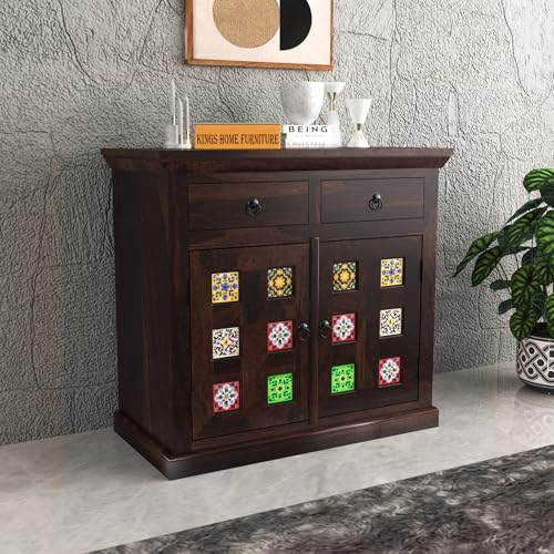 Image of Solid Sheesham Wood Sideboard Cabinet with Doors 2 Rack & 2 Drawers | Wooden Storage Cabinet for Living Room & Dining Room (Walnut Finish)