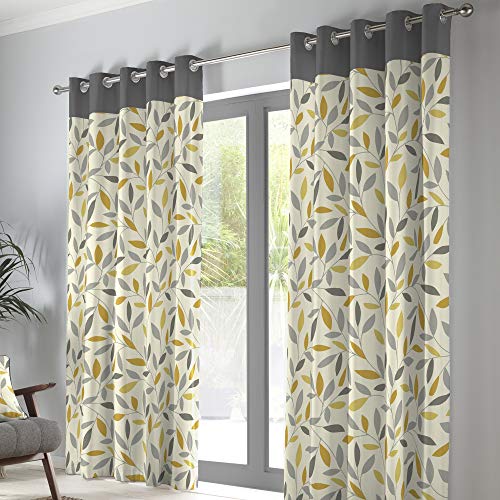 Fusion - Rideaux à Feuilles Gris et Ocre 229 x 229 cm - 100% Coton - 2 Panneaux à Œillets Jaune/Gris - Floraux pour Chambre et Salon - Collection Beechwood