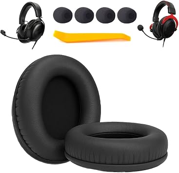 Replacement EarPads Compatible with Hyper-X Cloud 1/2/3/Pro/Core/Alpha/Alpha S/Flight/Stinger/Mix/CloudX Headsets Soft Protein Leather Earpads + 4pcs Bonus Mic Foam Covers Black