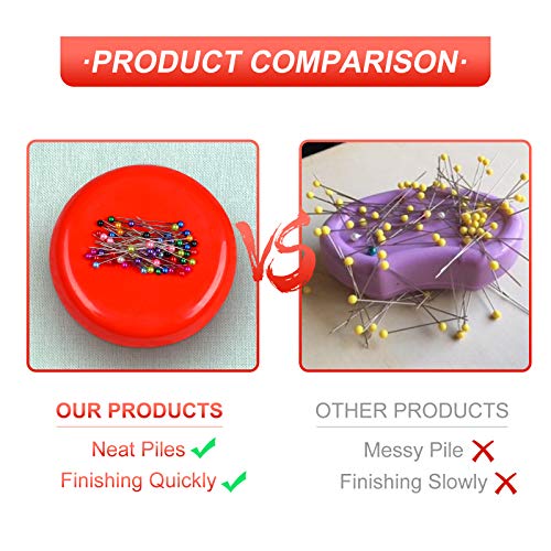Magnetic Pin Cushion With 200 Pcs Sewing Pins, Round Plastic Magnetic Sewing Cushion, Magnetic Pin Holder For Sewing Needles Push Pins Hair Bobby Pins (Red) #TOP3