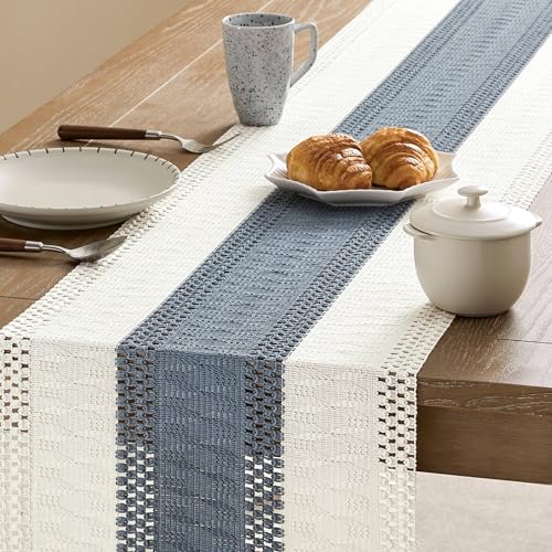 Image of ZeeMart Macrame Style Bicolor Stitching Table Runner, 14 x 72 Inch Navy /Ivory, Boho Navy Blue Table Runners 72 Inches Long, Farmhouse Woven Home Decor