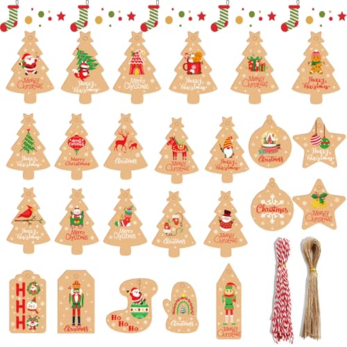 CHIHOLEN 100 etiquetas de regalo de Navidad, papel de estraza para árbol de Navidad, guantes con estrellas, calcetines, etiquetas de casa con cuerda, etiquetas de Navidad para decoración de Navidad