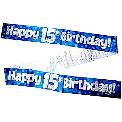 Party Bunting Happy 15th Birthday Blue Holographic 11 flags 3.9m Cover