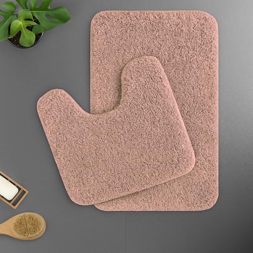 Image of LUXE HOME INTERNATIONAL Polyester Contour Bath Mat - Washable, Anti Skid, Water Absorbent Contour Mats for Bathroom, Toilet, Wash Basin & Bathroom Contour Mat Set (Peach, 45x 75 cm & 40x45)