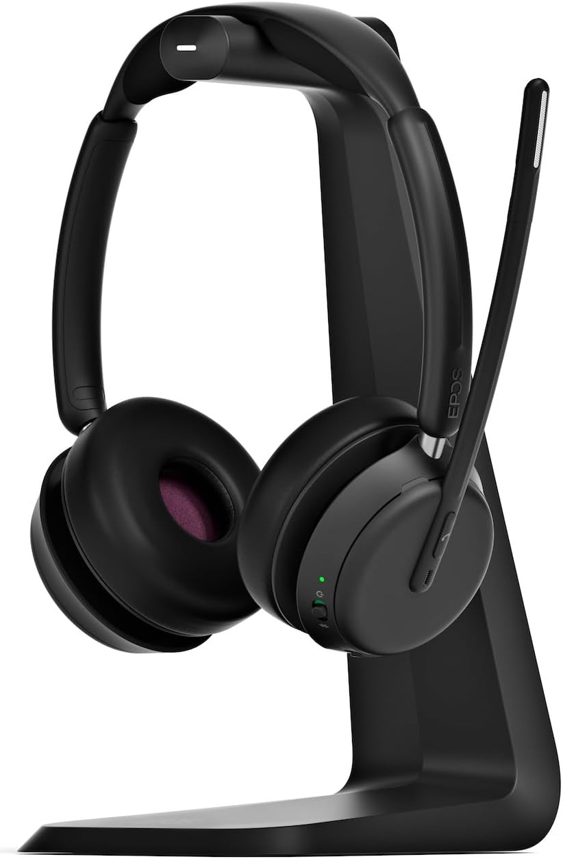 EPOS Impact 1060T ANC headset on its charging stand.