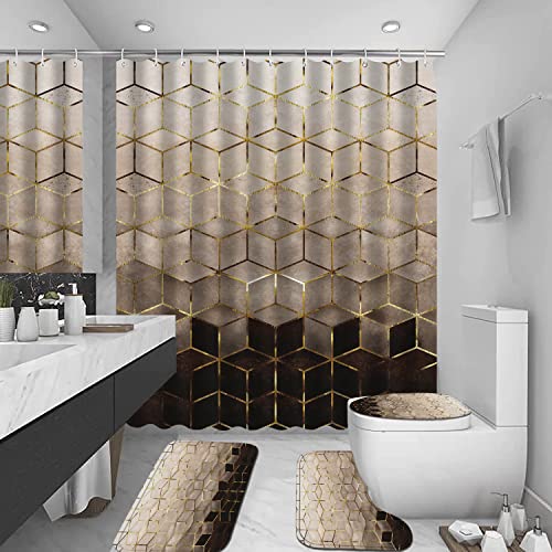 Lqcool 4Pcs Brown Gradient Shower Curtain Set, Modern Geometric Shower Curtain Set Golden Cubic Lines Bathroom Set Texture Art Bath Accessories With Mats #TOP2