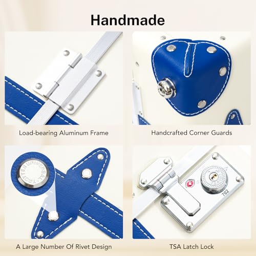 Image of Vintage PU Leather Luggage Set, Retro Trunk Suitcase with Wide Aluminum Frame, TSA Key Locks and Smooth 360 Spinner Wheels (Coastal Blue Trim, 12''+20''+26'')