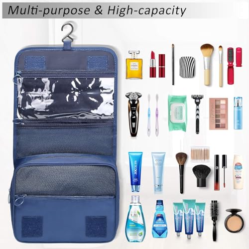 Image of CAVALO - Be Unique Nylon Polyester Large Capacity Portable Travel Toiletry Bag with Hanging Hook Waterproof Cosmetic Case Makeup Pouch Dopp Kit for Men Women with Carry Handle (Navy Blue)