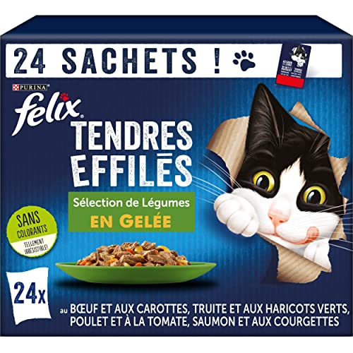 FELIX | Tendres Effilés | Chat Adulte | En Gelée | Recette 100% Complète et Equilibrée | Sélection Mixte aux Légumes : au Saumon, Truite, Bœuf et Poulet | Sachets Fraîcheurs | 24 x 85g