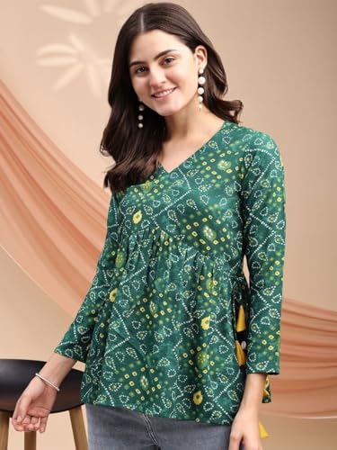 Image of MAHIRA'S Women's Short Kurti, Black Rayon Tunic Top with Embroidered Sleeves, 3 /4 Designer Sleeves