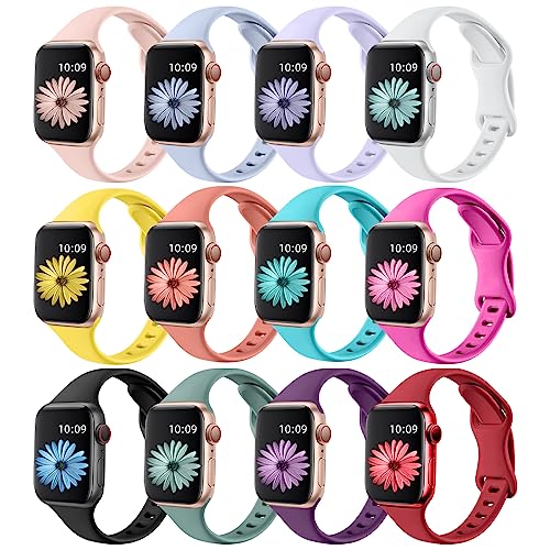 Lerobo 12 Pack Slim Thin Bands Compatible with Apple Watch 38mm 40mm 41mm 42mm 44mm 45mm 46mm 49mm Women Men, Narrow Soft Sport Strap Wristband for iWatch Series 11/10/9/8/7/SE/6/5/4/3/2/1/U