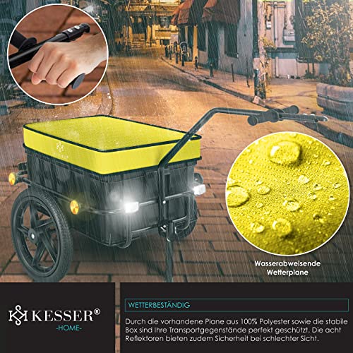 KESSER® Fahrradanhänger, Lastenanhänger, Handwagen mit Kupplung, Hochdeichsel, für Fahrrad Transportanhänger Transportbox mit 70 Liter Volumen, Max. 60kg, + Zubehör für Fahrräder mit 26-28, Gelb