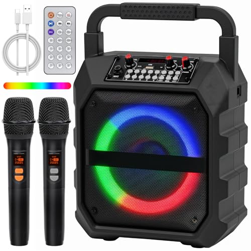 Rebongki Karaoke Machine with 2 Wireless Microphones, Bluetooth Mini Karaoke Machine for Adults & Kids with 6.5 Inch Speaker, LED Lights, USB/TF/AUX/REC Portable PA System, Gift for Girls, Boys