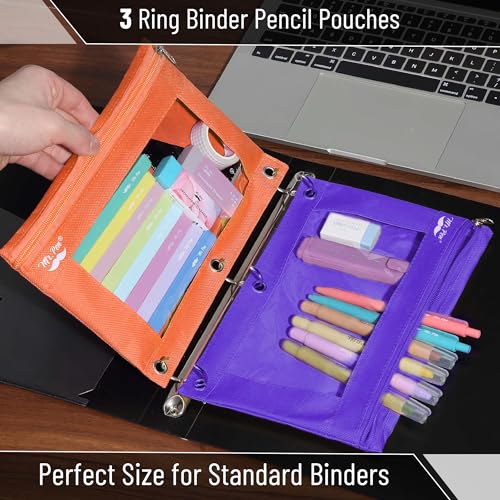 Image of Mr. Pen- Pencil Pouch for 3 Ring Binder, 2 Pack, 10 inchx6.75 inch, Smooth Zipper, Clear Window, Large Capacity Pencil Case with 3 Reinforced Grommets for School, Office, Supplies Storage