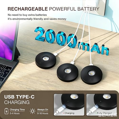 Image of UNUSROOM Rechargeable Puck Lights with Remote Control,2000mAh High Capacity Battery Operated LED Under Cabinet Lighting,Dimmable Tap Stick On& Wireless Closet Light for Kitchen Counter
