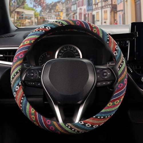 SEG Direct Boho Steering Wheel Cover with Baja Blanket Cloth Ethnic Style Auto Wheel Cover Made of Coarse Flax Fits 14 1/2-15 1/4 inches Car Wheel