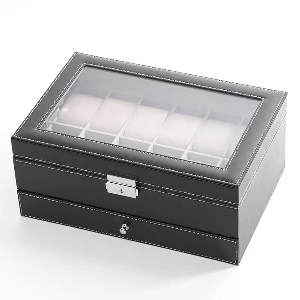 QTYQWC Aufbewahrungsbox für Uhren mit 12 Fächern, Leder, abschließbar, für Damen und Herren, Schmuck-Schublade, 2 Böden, Organizer für Uhren (D 1 Stück)