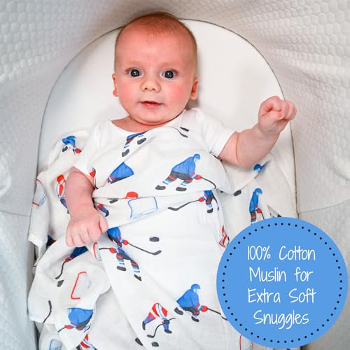 Image of LollyBanks Swaddle Blanket 100% Muslin Cotton, 47 x 47 inches Soft Breathable Muslin Baby Swaddles for Boys, Baby Essentials, Registry and Gift (Ice Hockey Print), Pass, Shoot, Score