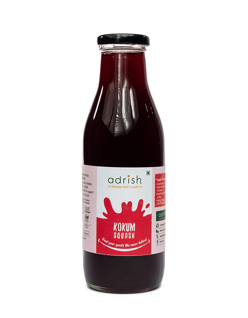 Adrish Zerowaste Organic Kokum Squash (500ml) - No Preservatives and Additives-Free | Healthy Squash | Kokum Concentrate| Natural Ingredients | All Natural & Refreshing Drink | Made with Raw Khandsari