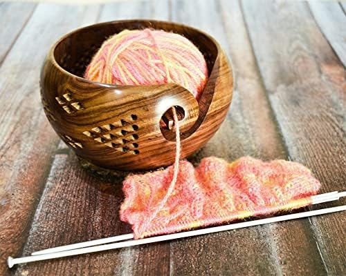 Ajuny Handmade Large Wooden Yarn Bowl Wool Ball Holder with Elegant Design Gifts 6x3 Inch