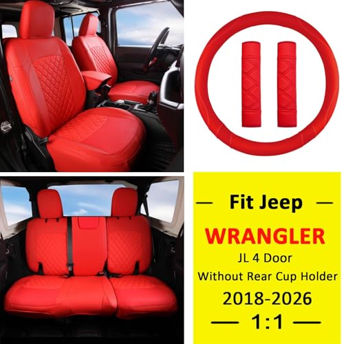 Image of GIANT PANDA Jeep Wrangler 4 Door JL 2018-2026 Full Set Car Seat Covers for Sahara Sport Rubicon Unlimited Willys Without Rear Cup Holder, Customized Faux Leather - (Red)