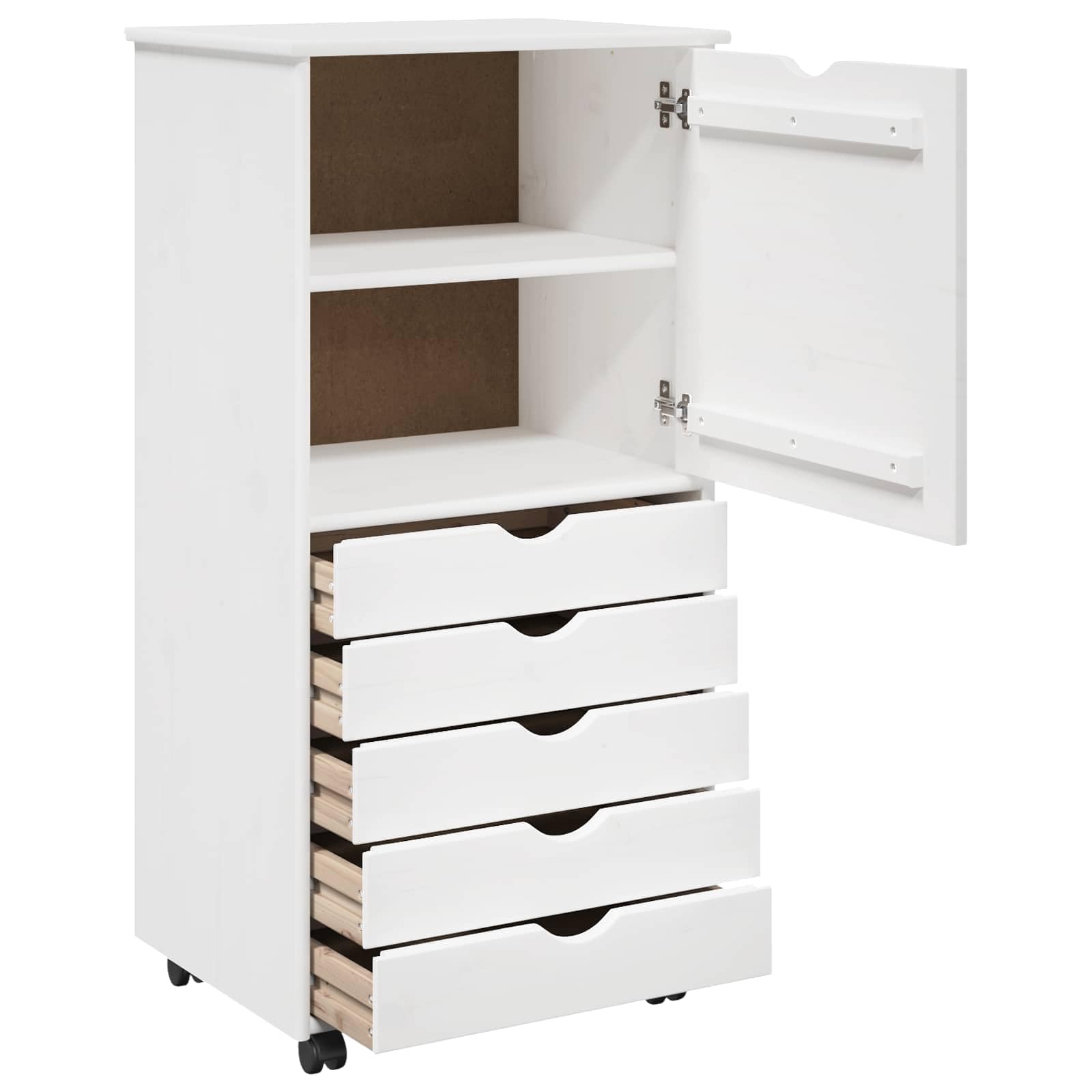Rollschrank Kiefer Massivholz Weiß 53 x 39 x 103 cm Mobiler Rollcontainer mit 5 Schubladen und 1 Fach Moderner Beistellschrank für Home-Office Arbeitszimmer und Wohnzimmer