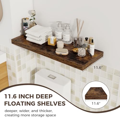 Image of Fun Memories Deep Floating Shelves, 32W x 12D Rustic Brown Wall Shelves, 32 Long Rustic Wood Wide Storage Shelves for Bedroom, Kitchen, Farmhouse, Laundry Room, Bedroom, Kitchen, Home Office- Set of 2