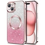 Hython for iPhone 15 Case Clear Magnetic Glitter Phone Cases [Compatible with MagSafe] Full Camera Lens Protector Slim Gradient Sparkle Luxury Plating Shockproof Protective Cover Women Girls, Pink