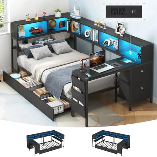 Hasuit Twin Corner Bed with Desk and Storage Bookcase, Daybed with 2...